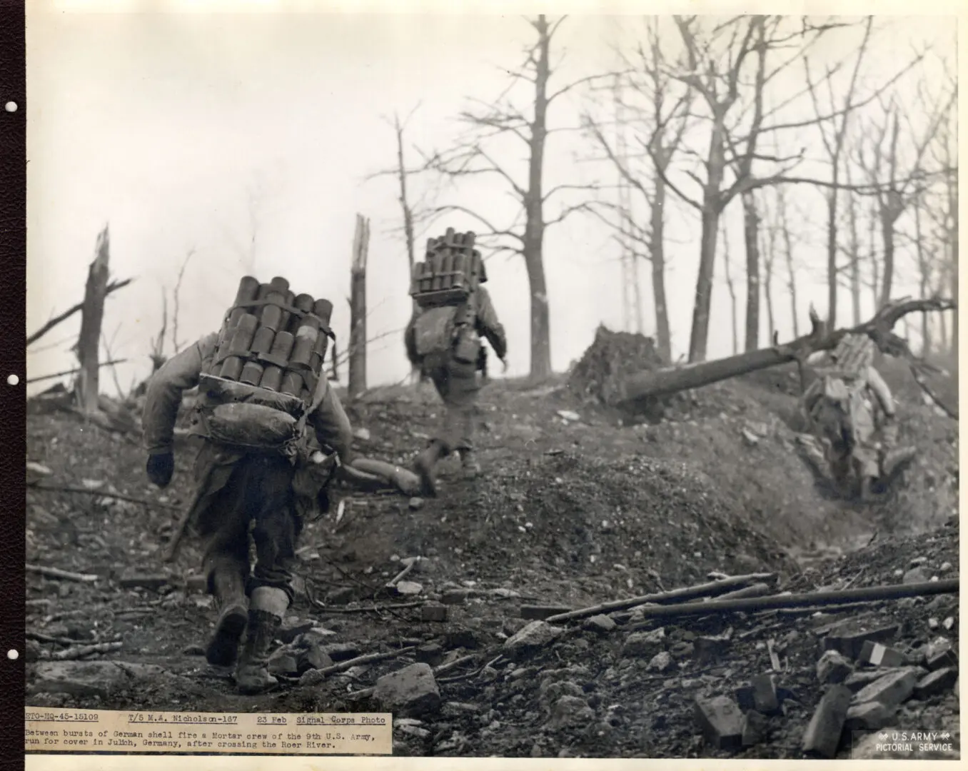 Mortar crew runs for cover as Germans fire shells
