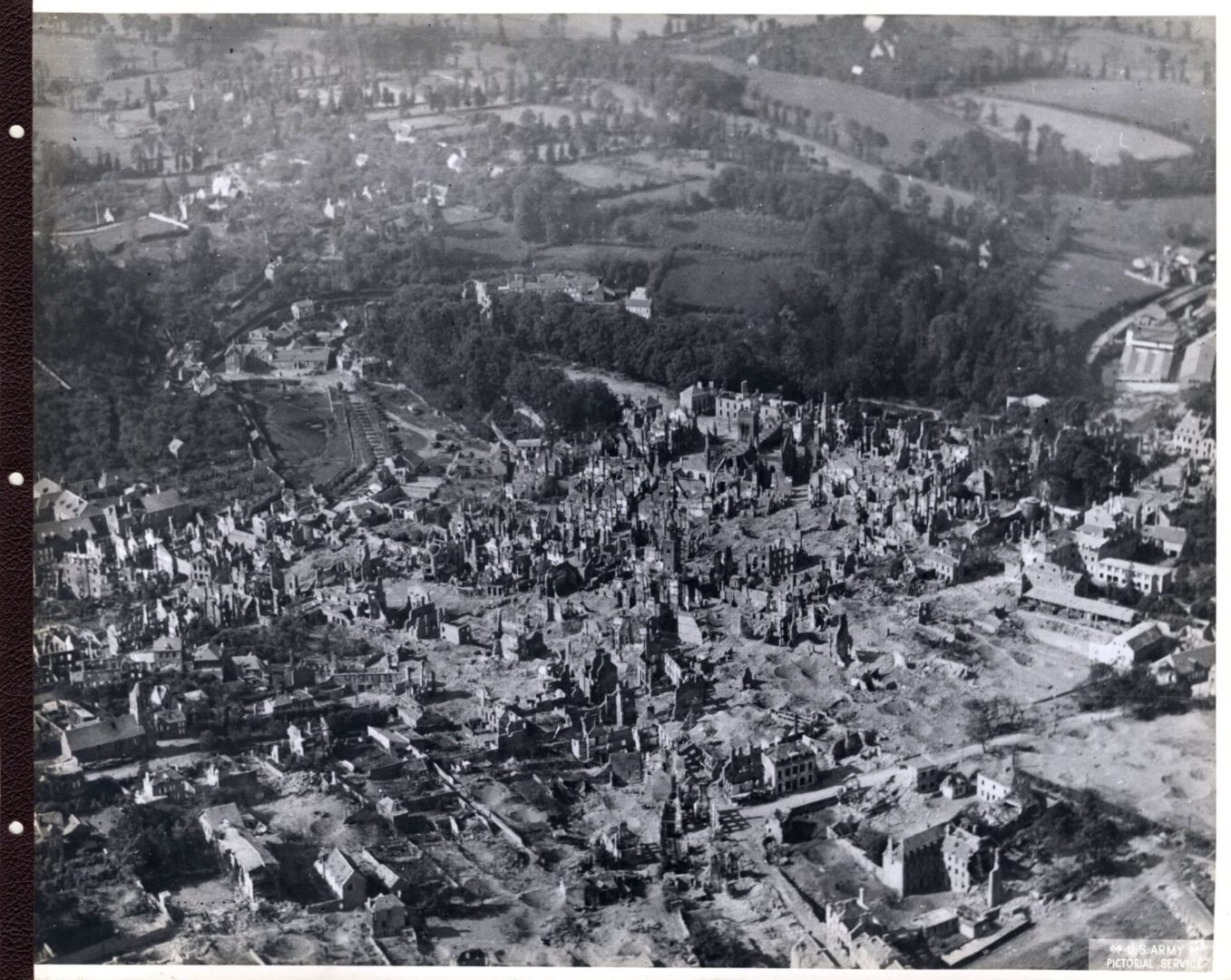 Aerial photo of a town destroyed by artillery fire