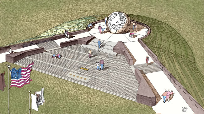 Artist rendering of the IL World War II Memorial.<br>
Brick Plaza is located in the center.