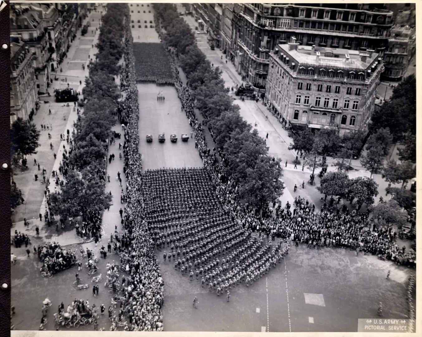 Aerial view of a victory parade after the war